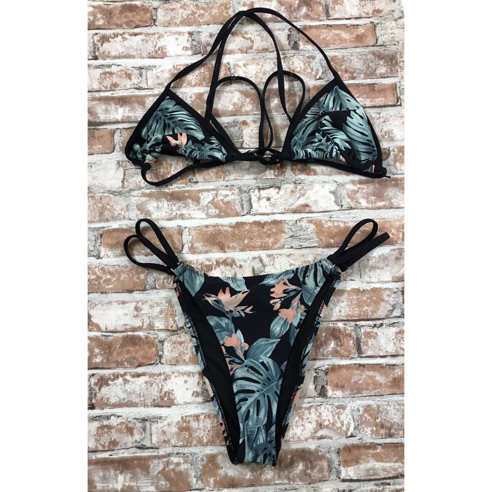 FOREVER 21 Women's High Cut Thong Bikini 2 Pc Bathing Suit Sm Tropical Flowers